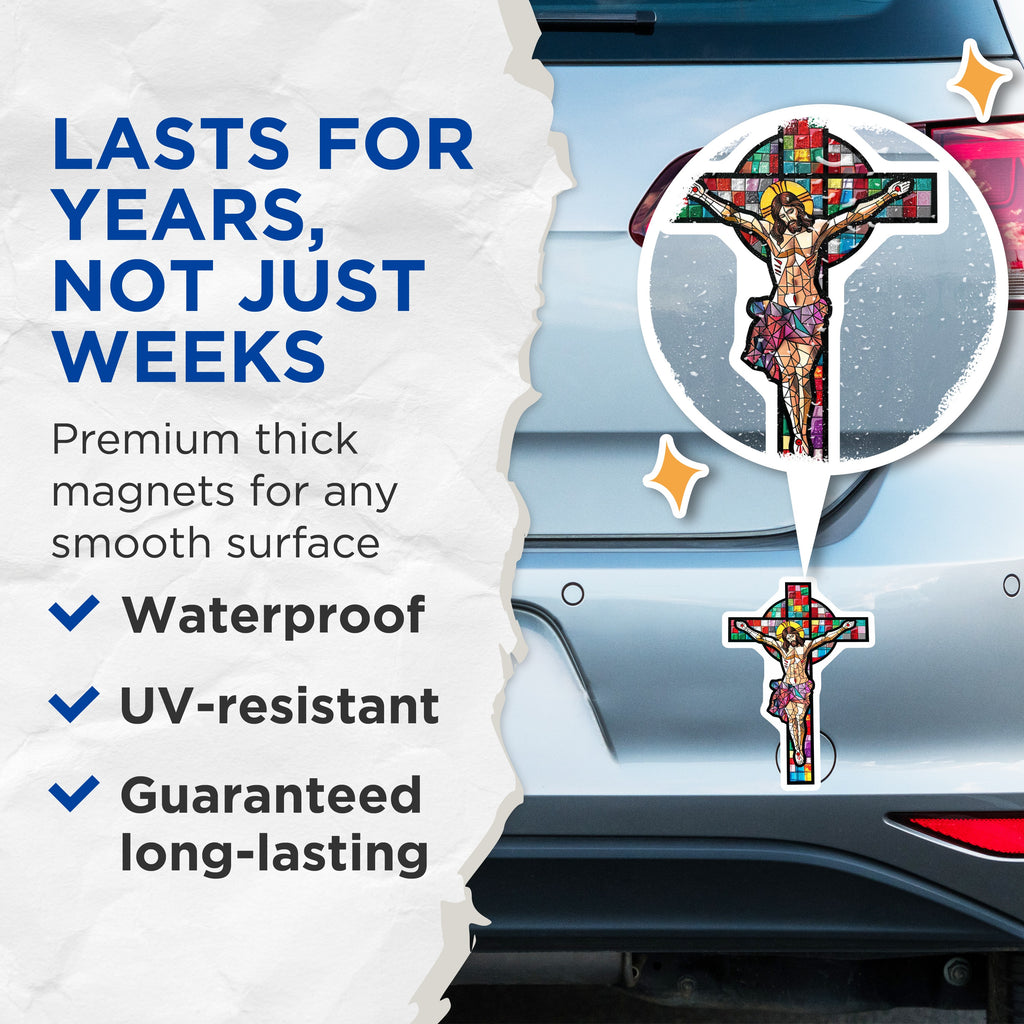 (2 Pack) Stained Glass Jesus Christ Cross Magnets - Christian Religious Art Decor - Catholic Faith Symbolism - 5 Inches On Longest Side - Thick Durable Magnet - Made in USA - MAG37056