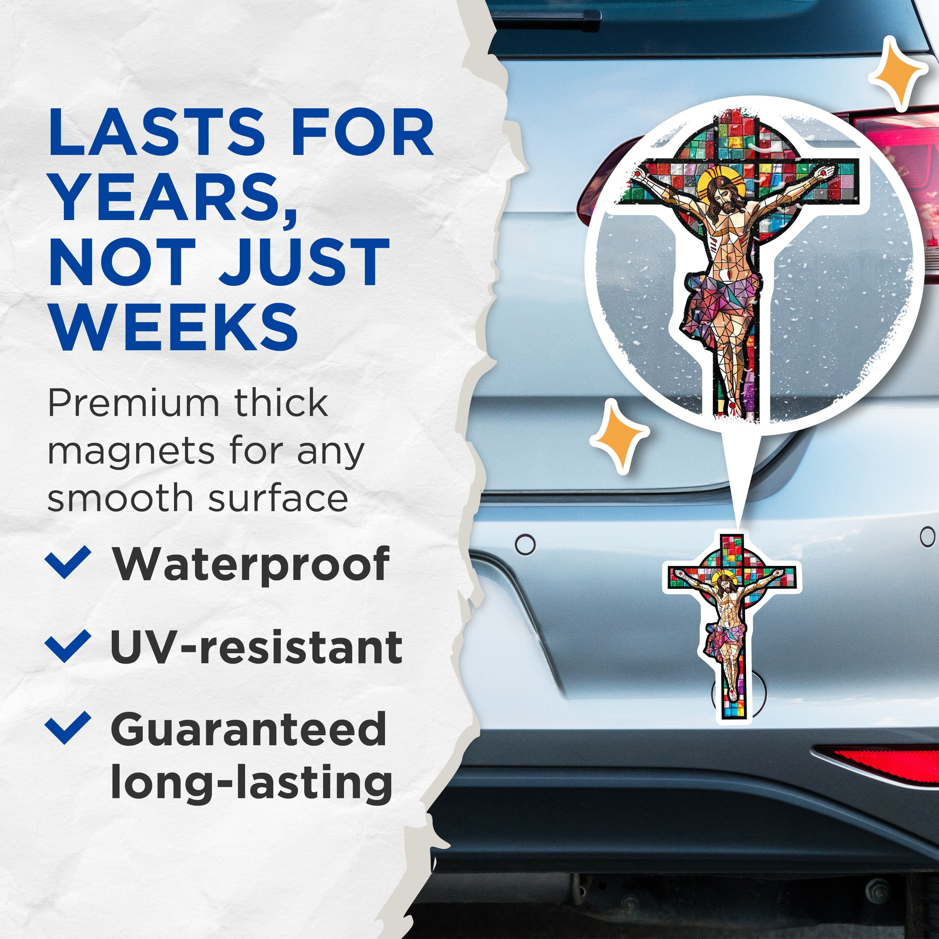 (2 Pack) Stained Glass Jesus Christ Cross Magnets - Christian Religious Art Decor - Catholic Faith Symbolism - 5 Inches On Longest Side - Thick Durable Magnet - Made in USA - MAG37056