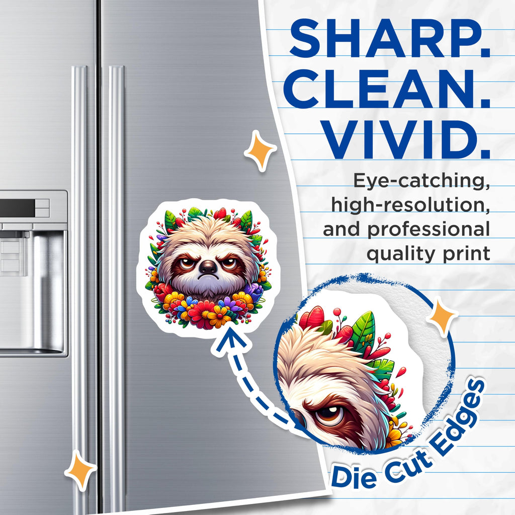 (2 Pack) Grumpy Sloth Animal Lover Magnets - Angry Sloth Face Vibrant Floral Art - Cute Sloth Decoration Refrigerator - 5 Inches On Longest Side - Thick Durable Magnet - Made in USA - MAG22546