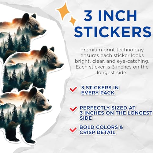 (3 Pack) Bear Landscape Decals - Animal Sticker - Nature Decal - 3 Inches On Longest Side - Easy Peel & Apply - Made in USA - 3MCS1144