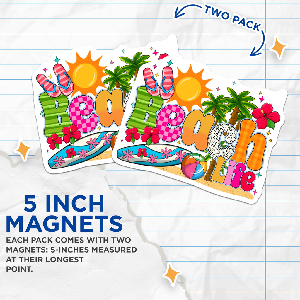 (2 Pack) Beach Life Magnets - Tropical Summer Vibes - Retro Y2K Aesthetic - Vacation Theme Decor - 5 Inches On Longest Side - Thick Durable Magnet - Made in USA - MAG30937