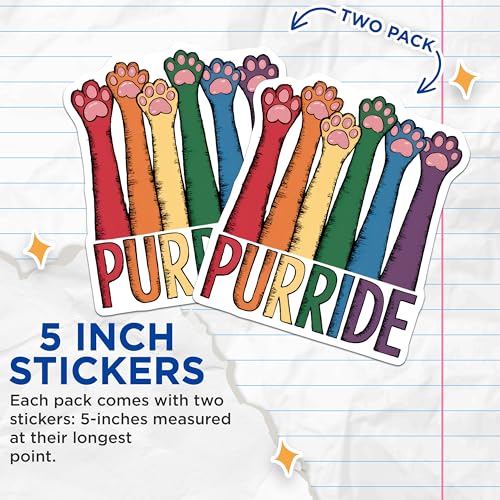 (2 Pack) Purride Cat Paws Stickers - Rainbow Pride - LGBTQIA+ Cats - 5" On Longest Side - Sticks to Smooth Flat Surfaces - Made in USA - BMCS9551