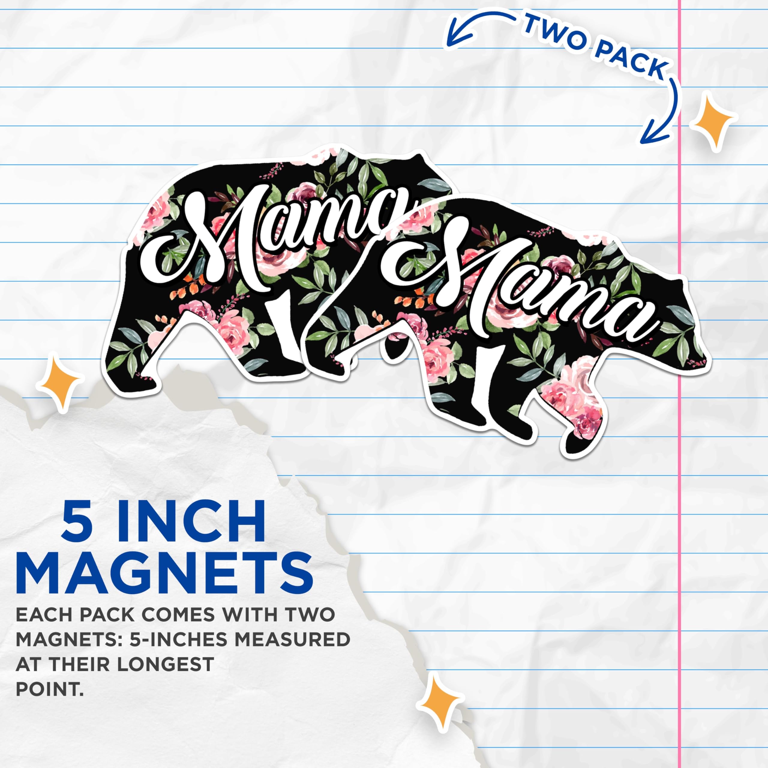 (2 Pack) Mama Bear Magnets - Floral Mama Bear Magnets - Cute Refrigerator Magnets- 5" On Longest Side - for Fridges, Toolboxes, Cars - Made in USA - MAG3001