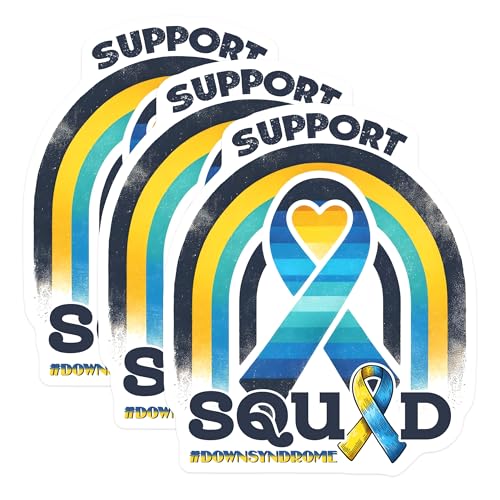 (3 Pack) Down Syndrome Decals - Support Squad - Awareness Ribbon - Laptop Decal - 3 Inches On Longest Side - Easy Peel & Apply - Made in USA - 3MCS6970