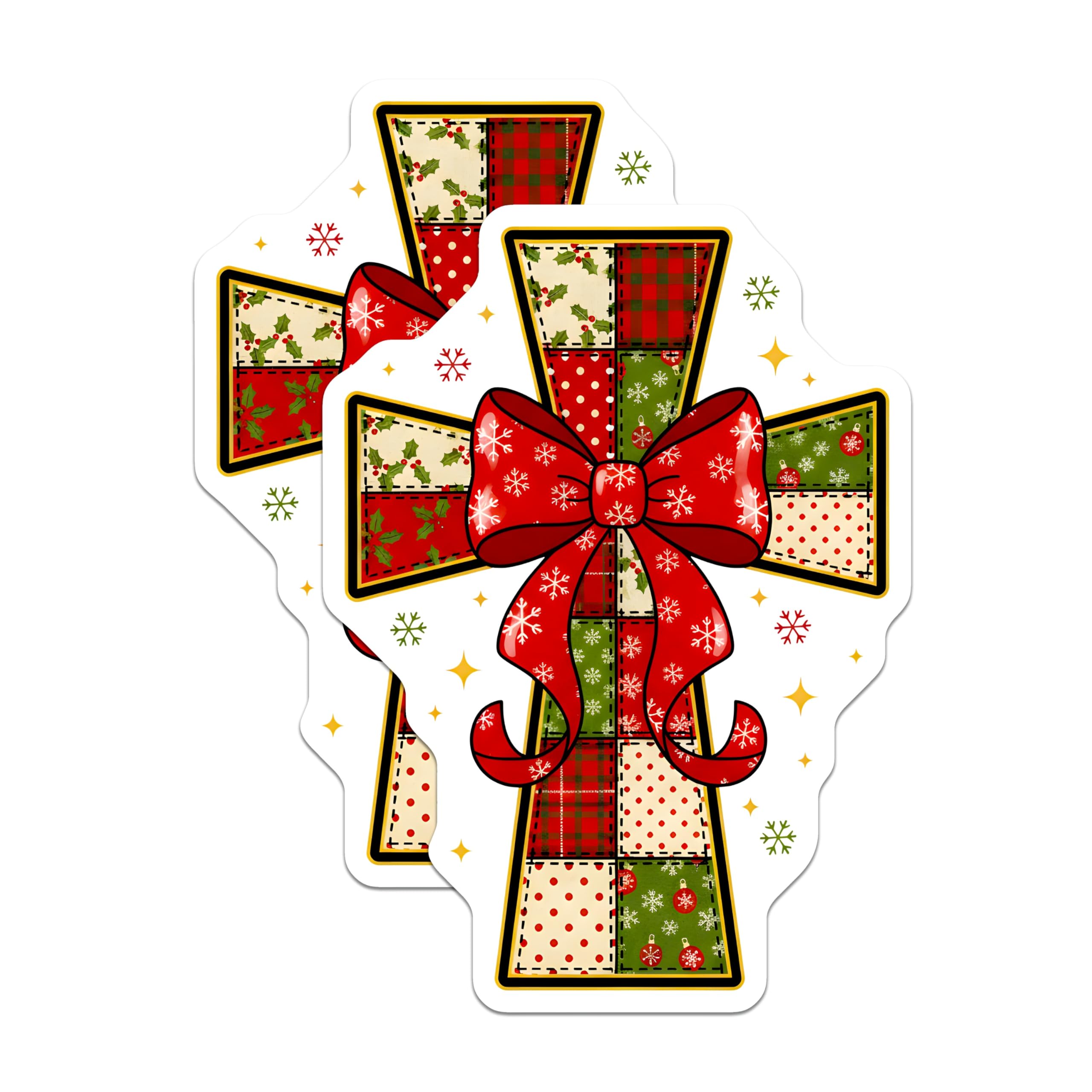 (2 Pack) Christmas Cross Magnets - Quilted Patchwork Decor - Holiday Refrigerator Decoration - Faith Accent - 5 Inches On Longest Side - Thick Durable Magnet - Made in USA - MAG28107