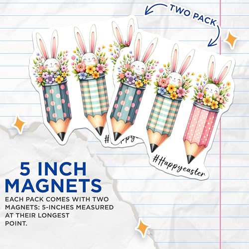 (2 Pack) Funny Bunny Pencil Magnets - Easter Decor - Cute Rabbit with Flowers - 5" On Longest Side - for Cars, Fridges, Toolboxes - Made in USA - MAG8135