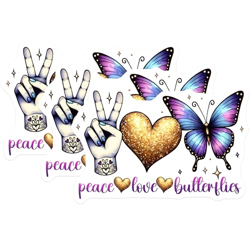 (3 Pack) Peace Love Butterfly Decals - Hippie Stickers - Laptop Decal - 3 Inches On Longest Side - Easy Peel & Apply - Made in USA - 3MCS8490