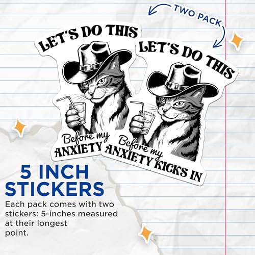 (2 Pack) Cat with Hat Stickers - Anxiety Meme - Funny Cat - 5" On Longest Side - Sticks to Smooth Flat Surfaces - Made in USA - BMCS7666