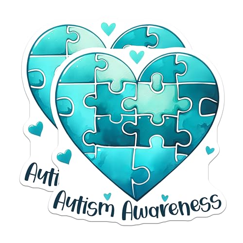 (2 Pack) Autism Awareness Stickers - Heart Puzzle - Blue Green Autism Symbol - 5" On Longest Side - Sticks to Smooth Flat Surfaces - Made in USA - BMCS8132