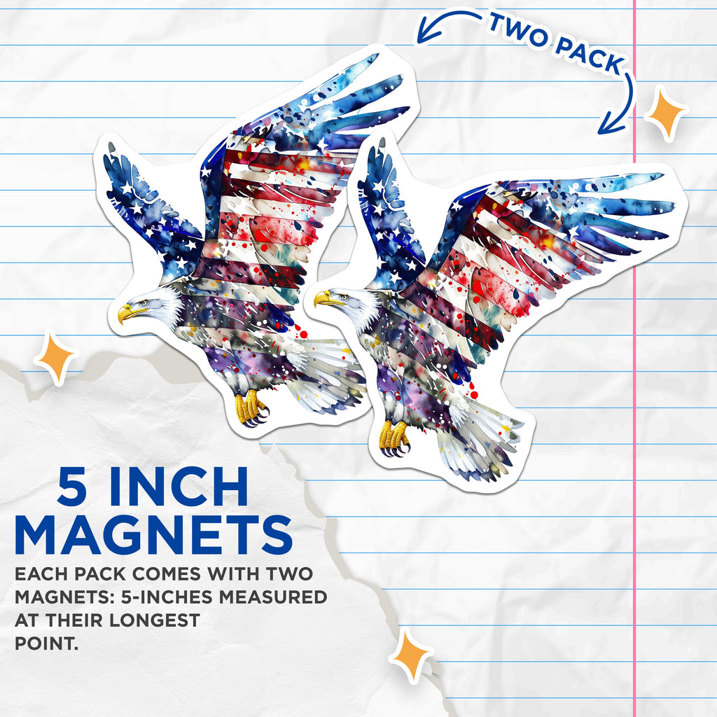 (2 Pack) American Flag Eagle Magnets - Patriotic Watercolor Art - USA Pride Fridge Decor - 5 Inches On Longest Side - Thick Durable Magnet - Made in USA - MAG39122