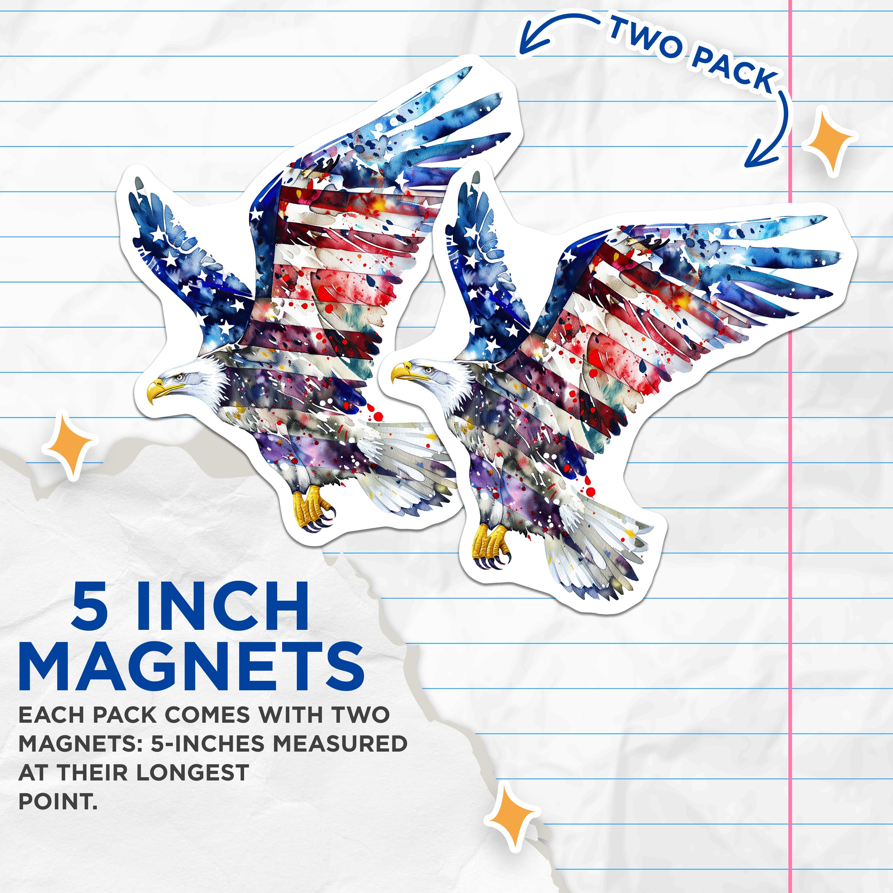 (2 Pack) American Flag Eagle Magnets - Patriotic Watercolor Art - USA Pride Fridge Decor - 5 Inches On Longest Side - Thick Durable Magnet - Made in USA - MAG39122