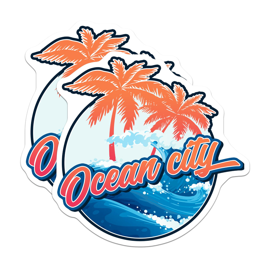 (2 Pack) Ocean City Magnets - Maryland Beach Souvenir - Tropical Palm Tree Waves Coastal Decor - 5 Inches On Longest Side - Thick Durable Magnet - Made in USA - MAG19478