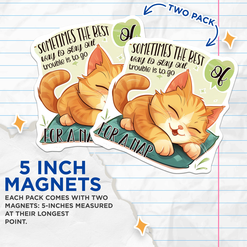 (2 Pack) Cute Cat Napping Magnets - Funny Sleep Quote - Refrigerator Decoration - 5 Inches On Longest Side - Thick Durable Magnet - Made in USA - MAG38286