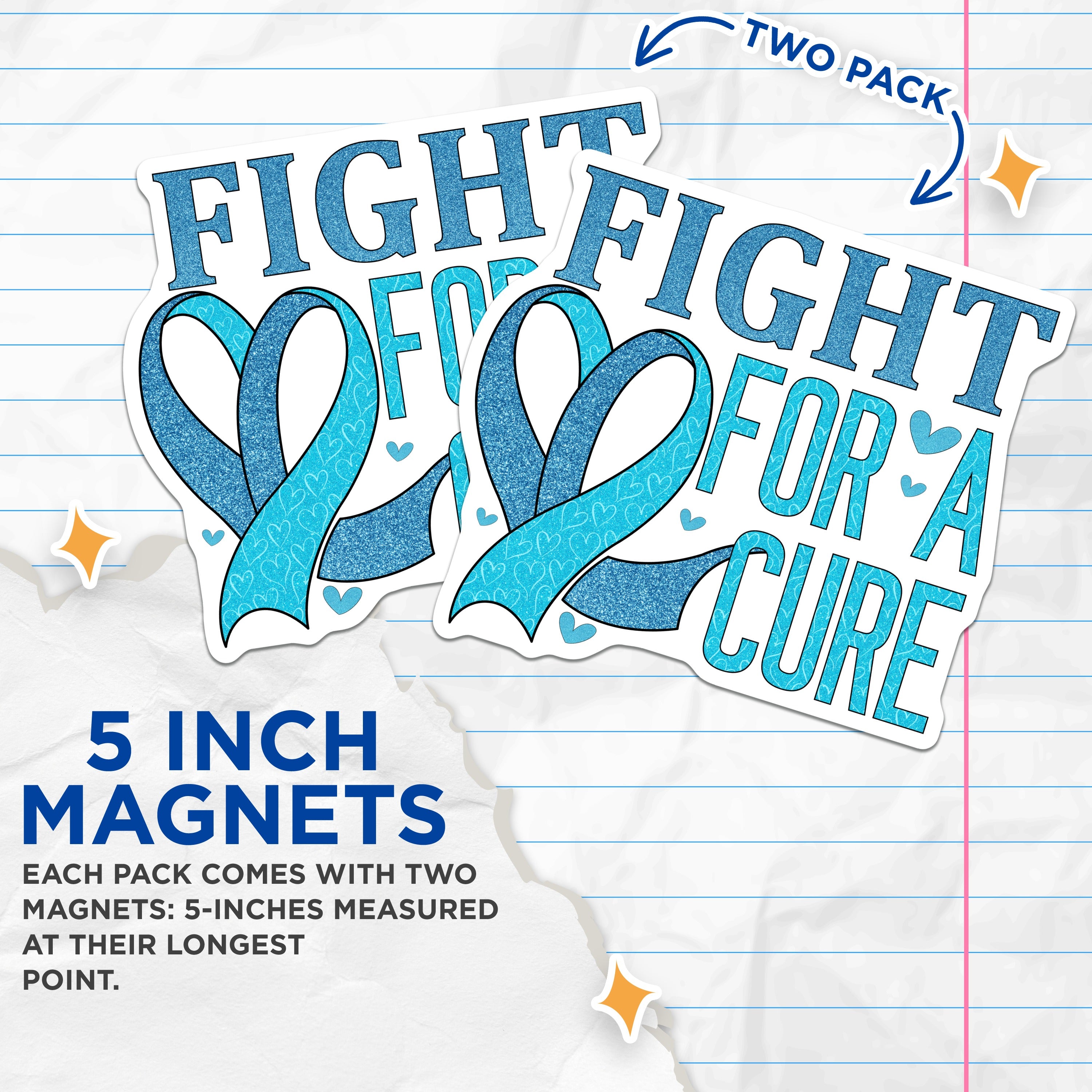(2 Pack) Fight for A Cure Magnets - Blue Awareness Ribbon - Cancer Support - Inspirational Message - Health Advocate - Hope Decor - 5" - Durable Magnet - Made in USA - MAG37194