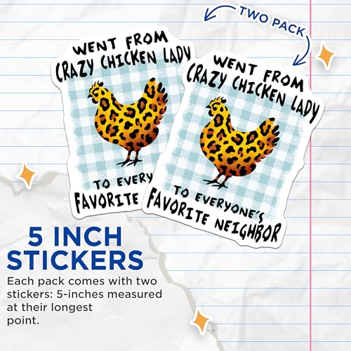 (2 Pack) Funny Chicken Lady Stickers - Crazy Chicken Farmer - Animal Lovers - 5" On Longest Side - Sticks to Smooth Flat Surfaces - Made in USA - BMCS9659