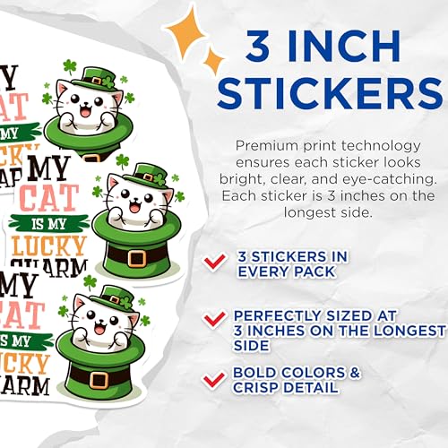 (3 Pack) Lucky Charm Cat Decals - St Patricks Day Kitty - Irish Cat Hat Stickers - 3 Inches On Longest Side - Easy Peel & Apply - Made in USA - 3MCS6859