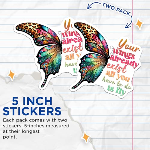 (2 Pack) Inspirational Butterfly Stickers - Motivational Decal - Colorful Positive Quote Sticker - 5" On Longest Side - Sticks to Smooth Flat Surfaces - Made in USA - BMCS9746