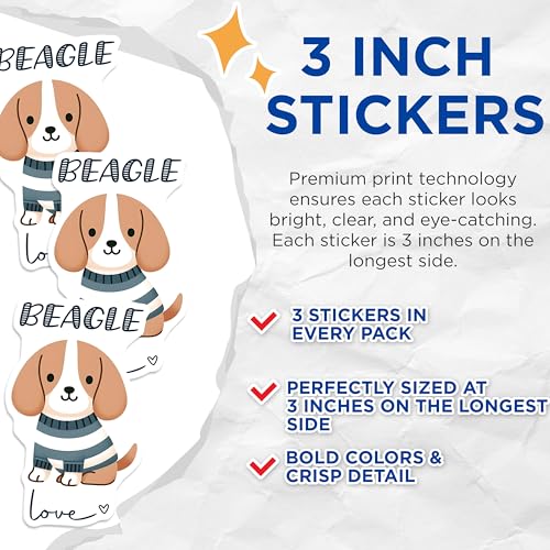 (3 Pack) Beagle Love Decals - Dog Breed Stickers - Cute Animal Decal - 3 Inches On Longest Side - Easy Peel & Apply - Made in USA - 3MCS6056