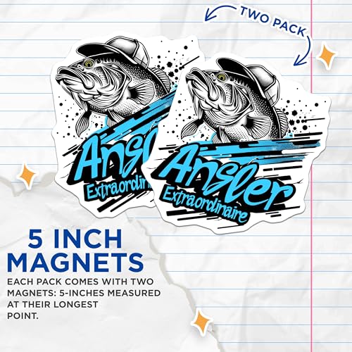(2 Pack) Angler Extraordinaire Magnets - Fishing Enthusiast - Bass Fishing Art - 5" On Longest Side - for Cars, Refrigerators, Toolboxes, Lockers - Made in USA BMCS3350
