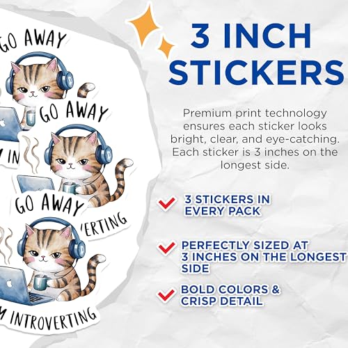 (3 Pack) Introvert Cat Decals - Go Away I am Introverting - Laptop Decal - 3 Inches On Longest Side - Easy Peel & Apply - Made in USA - 3MCS2235