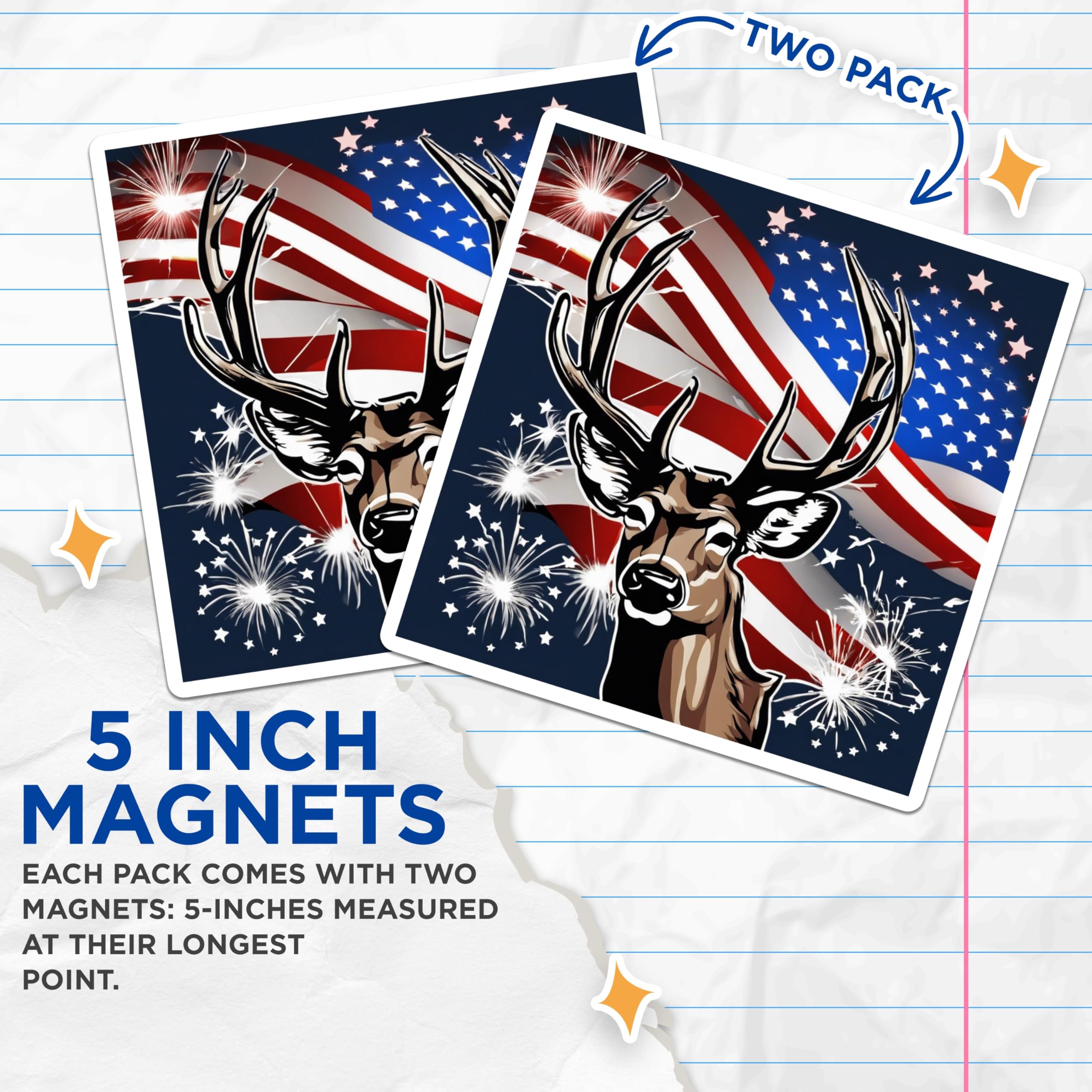 (2 Pack) American Patriotic Deer Magnets - Waving USA Flag Design - Independence Day Celebration - Wildlife Display - 5 Inches On Longest Side - Thick Durable Magnet - Made in USA - MAG19799