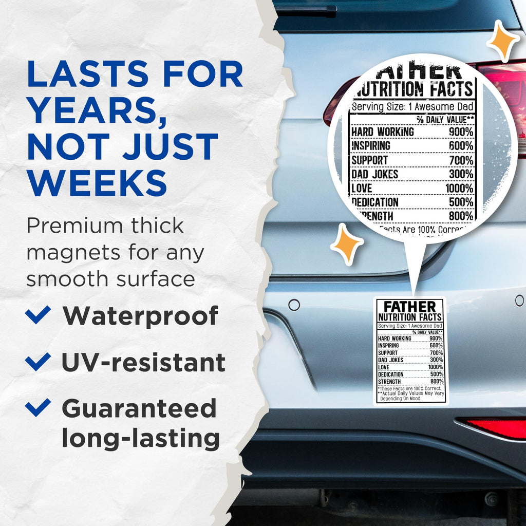 (2 Pack) Father Nutrition Facts Magnets - Inspirational Dad Magnets - Father's Day Magnets - 5" On Longest Side - for Cars, Fridges, Toolboxes - Made in USA - MAG3987