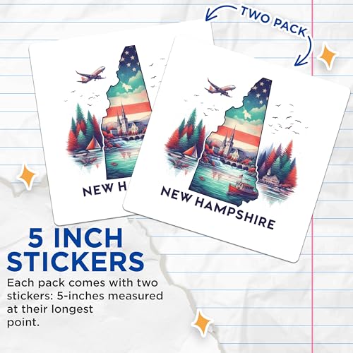 (2 Pack) New Hampshire Adventure Stickers - State Pride Stickers - Travel Souvenir Sticker Decals - 5" On Longest Side - Sticks to Smooth Flat Surfaces - Made in USA - BMCS5217