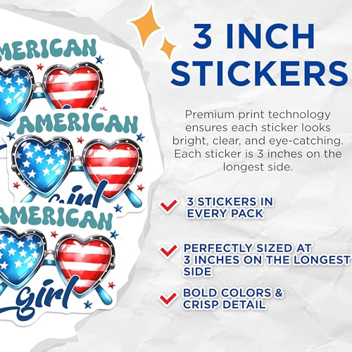 (3 Pack) American Girl Decals - Patriotic Sunglasses - USA Pride Decals - 3 Inches On Longest Side - Easy Peel & Apply - Made in USA - 3MCS6209