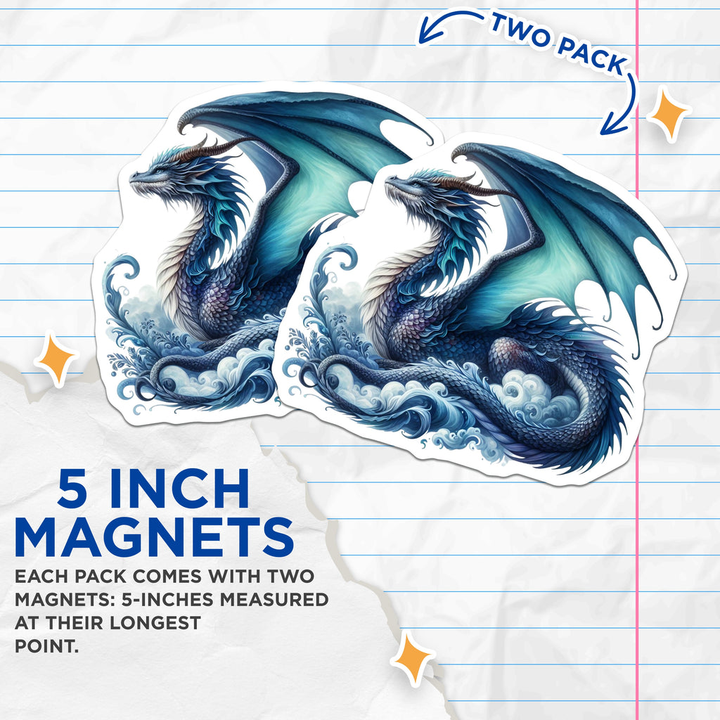 (2 Pack) Blue Dragon Magnets - Fantasy Dragon Art Decor - Mythical Creature Aesthetic - Dragon Lover Refrigerator Magnet Set - 5 Inches On Longest Side - Thick Durable Magnet - Made in USA - MAG38634