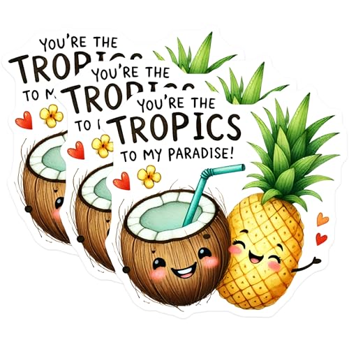 (3 Pack) Tropics to Paradise Decals - Cute Pineapple Coconut - Tropical Love Decor - 3 Inches On Longest Side - Easy Peel & Apply - Made in USA - 3MCS4831