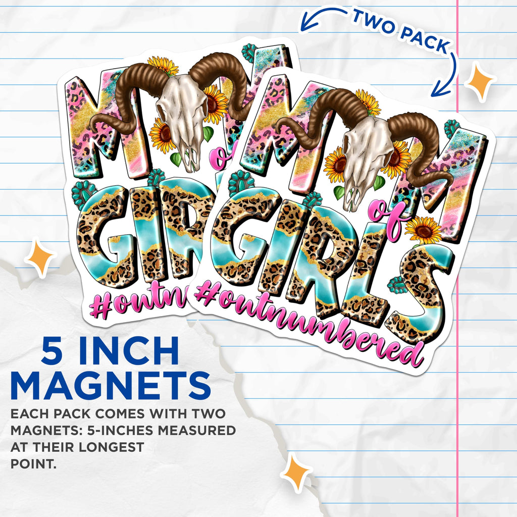(2 Pack) Mom of Girls Magnets - Outnumbered Mama Humor - Western Skull Sunflowers - Leopard Print Boho Mom Life - 5 Inches On Longest Side - Thick Durable Magnet - Made in USA - MAG23312