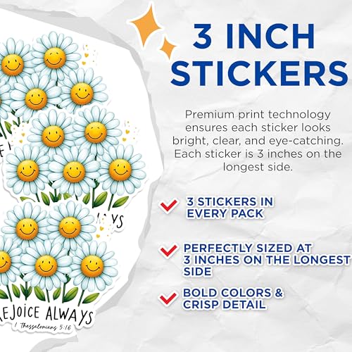 (3 Pack) Daisy Flower Decals - Rejoice Always - Christian Laptop Decal - 3 Inches On Longest Side - Easy Peel & Apply - Made in USA - 3MCS1622