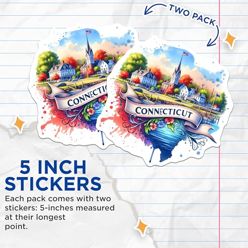 (2 Pack) Connecticut State Stickers - Watercolor Art - Scenic Town Illustration - Decorative Sticker for Travel Journal - 5" On Longest Side - Sticks to Smooth Flat Surfaces - Made in USA - BMCS6807