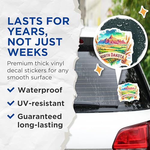 (2 Pack) North Dakota Stickers - Vibrant Landscape Art - State Pride Travel Decals - 5" On Longest Side - Sticks to Smooth Flat Surfaces - Made in USA - BMCS7270