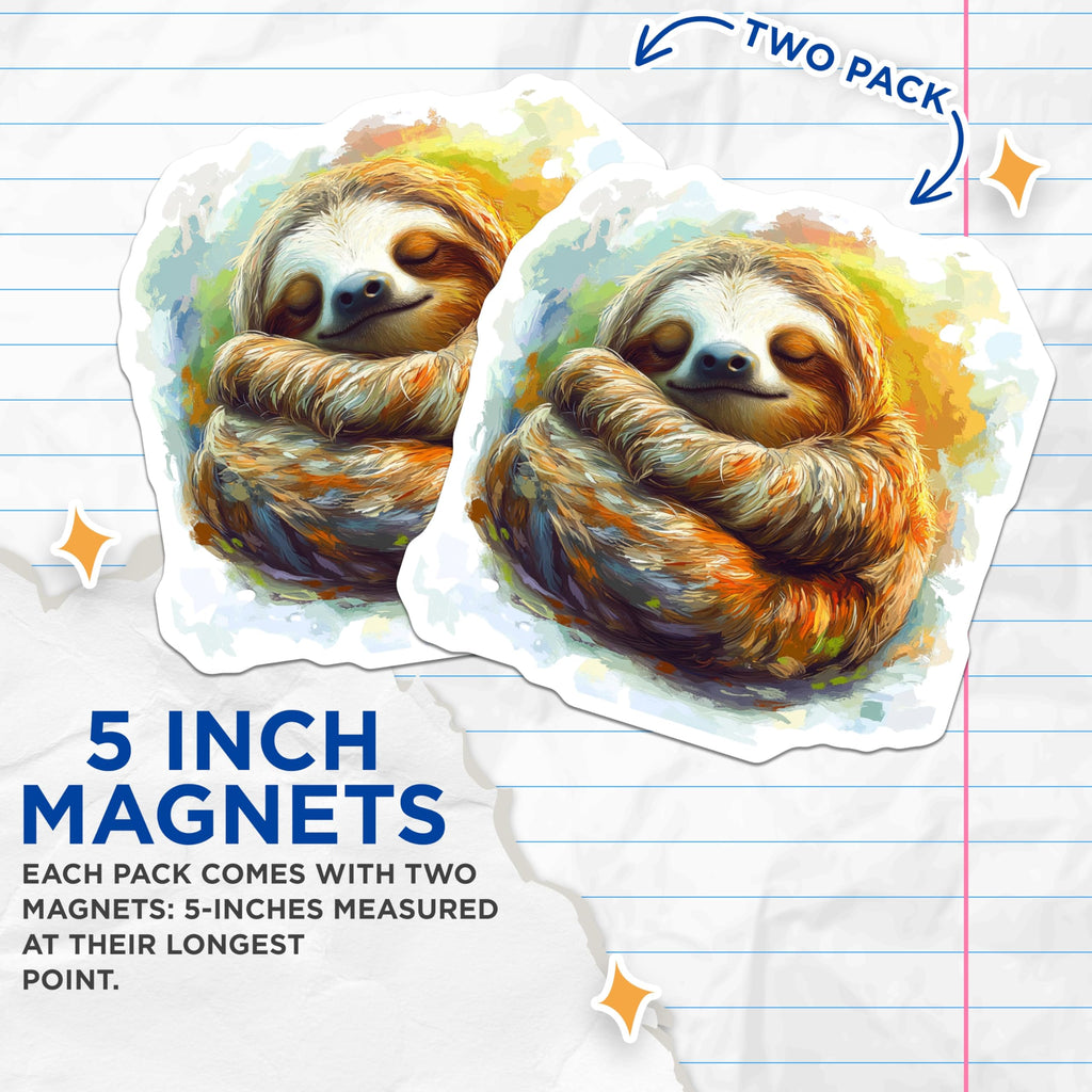 (2 Pack) Cute Sleeping Sloth Magnets - Cozy Animal Art - Peaceful Sloth Lover Aesthetic Fridge Accessory - 5 Inches On Longest Side - Thick Durable Magnet - Made in USA - MAG30723