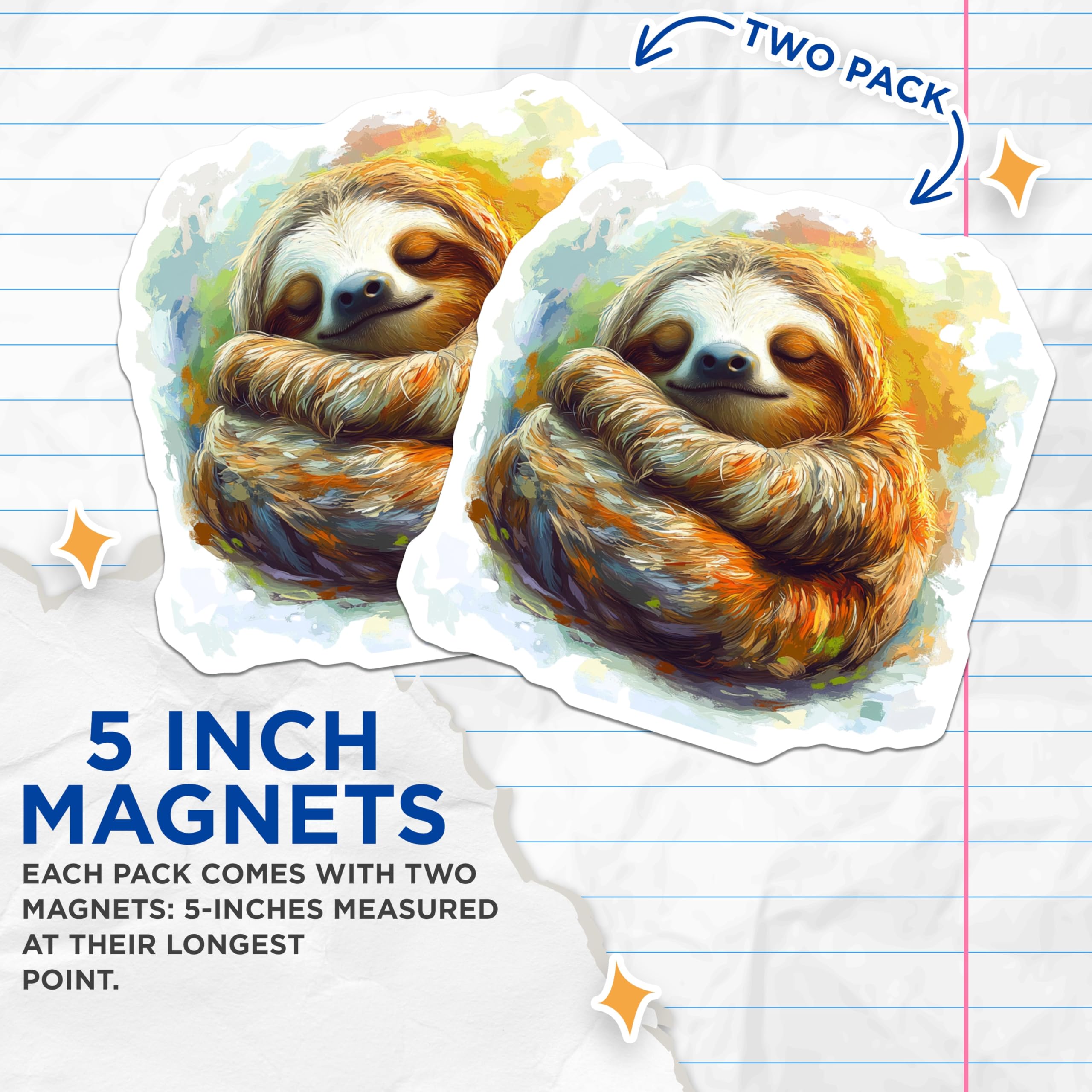 (2 Pack) Cute Sleeping Sloth Magnets - Cozy Animal Art - Peaceful Sloth Lover Aesthetic Fridge Accessory - 5 Inches On Longest Side - Thick Durable Magnet - Made in USA - MAG30723
