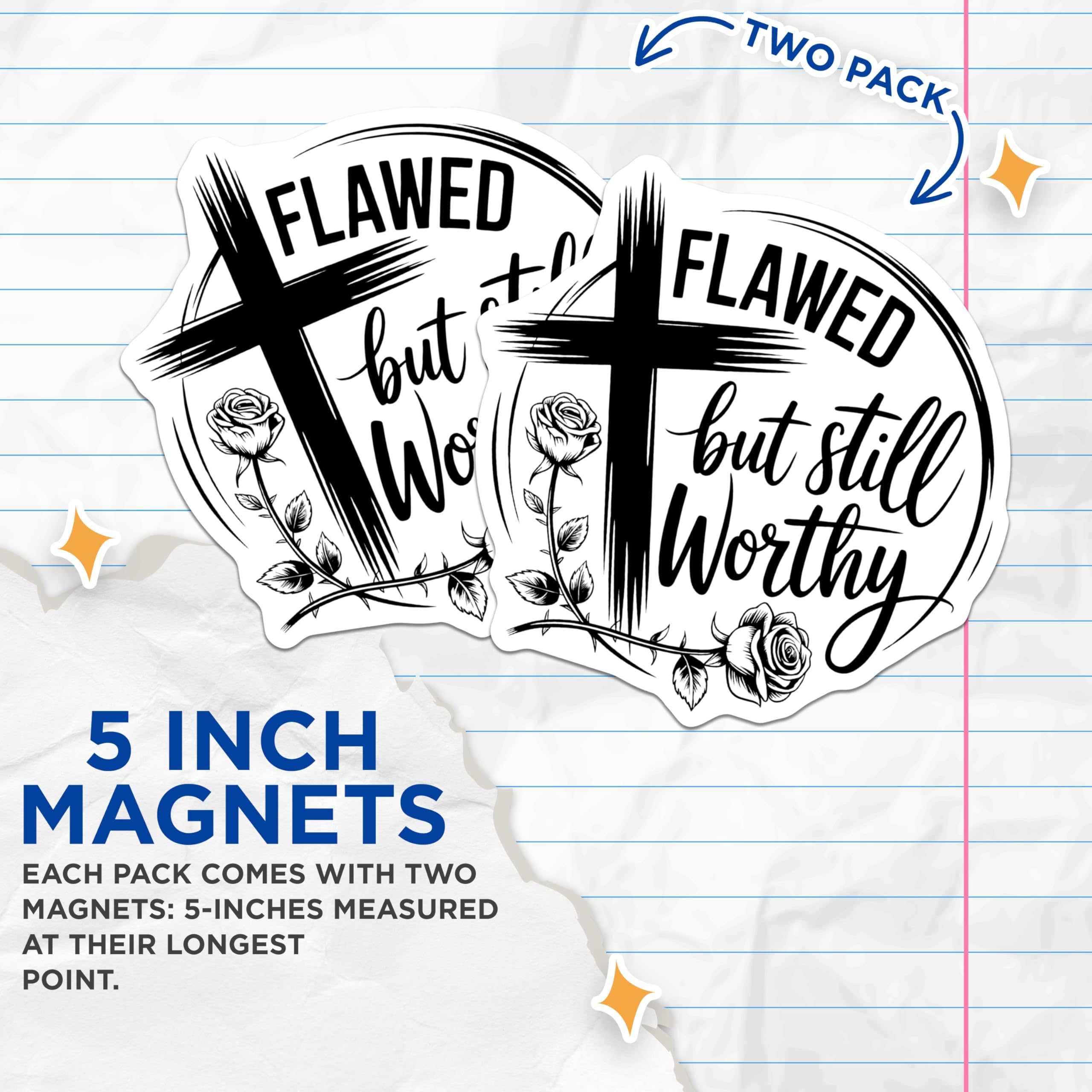 (2 Pack) Flawed But Worthy Magnets - Cross Roses Art - Religious Christian Themed Magnets - 5" On Longest Side - Premium Magnet - for Cars, Refrigerators, Toolboxes, Lockers - Made in USA - MAG16126