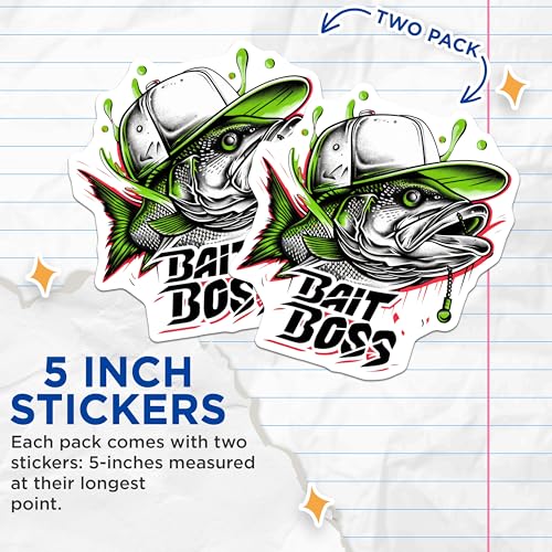 (2 Pack) Fishing Bait Boss Stickers - Cool Fisherman Stickers - Fishing Enthusiast Stickers - 5" On Longest Side - Sticks to Any Smooth Flat Surface - Made in USA - BMCS3354