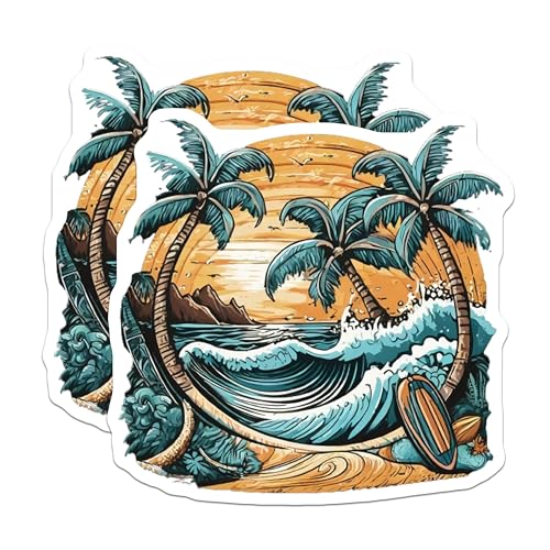 (2 Pack) Tropical Beach Wave Stickers - Surfing - Palm Trees - 5" On Longest Side - Sticks to Smooth Flat Surfaces - Made in USA - BMCS9261