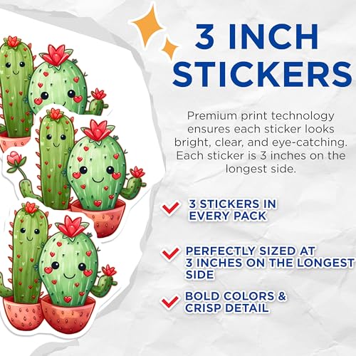 (3 Pack) Cute Cactus Decals - Potted Plant Stickers - Laptop Decal - 3 Inches On Longest Side - Easy Peel & Apply - Made in USA - 3MCS8355