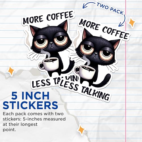 (2 Pack) Funny Cat Coffee Stickers - Black Cat More Coffee Stickers - Cute Coffee Lover Stickers - 5" On Longest Side - Sticks to Any Smooth Flat Surface - Made in USA - BMCS2784