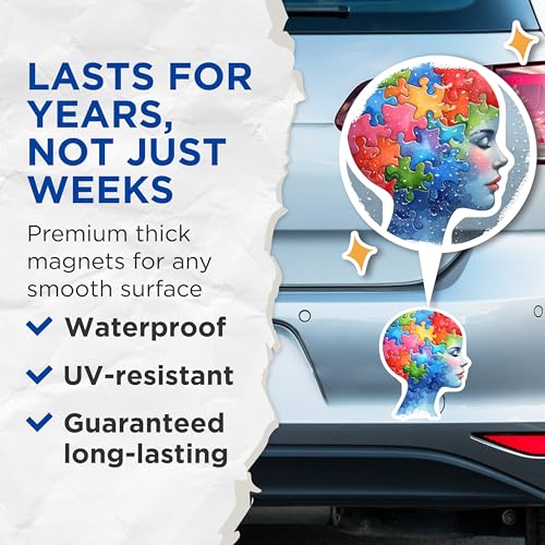 (2 Pack) Puzzle Piece Brain Art Magnets - Artistic Home Decor - Educational Enthusiast Magnets - 5" On Longest Side - for Cars, Fridges, Toolboxes - Made in USA - MAG6966
