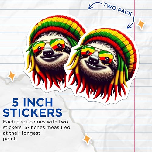 (2 Pack) Sloth Reggae Stickers - Rasta Sloth Vinyl Stickers - Cool Sloth with Sunglasses Stickers - 5" On Longest Side - Sticks to Smooth Flat Surfaces - Made in USA - BMCS4386