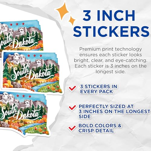 (3 Pack) South Dakota Decals - Mount Rushmore Art - State Pride Decoration- 3 Inches On Longest Side - Easy Peel & Apply - Made in USA - 3MCS5070