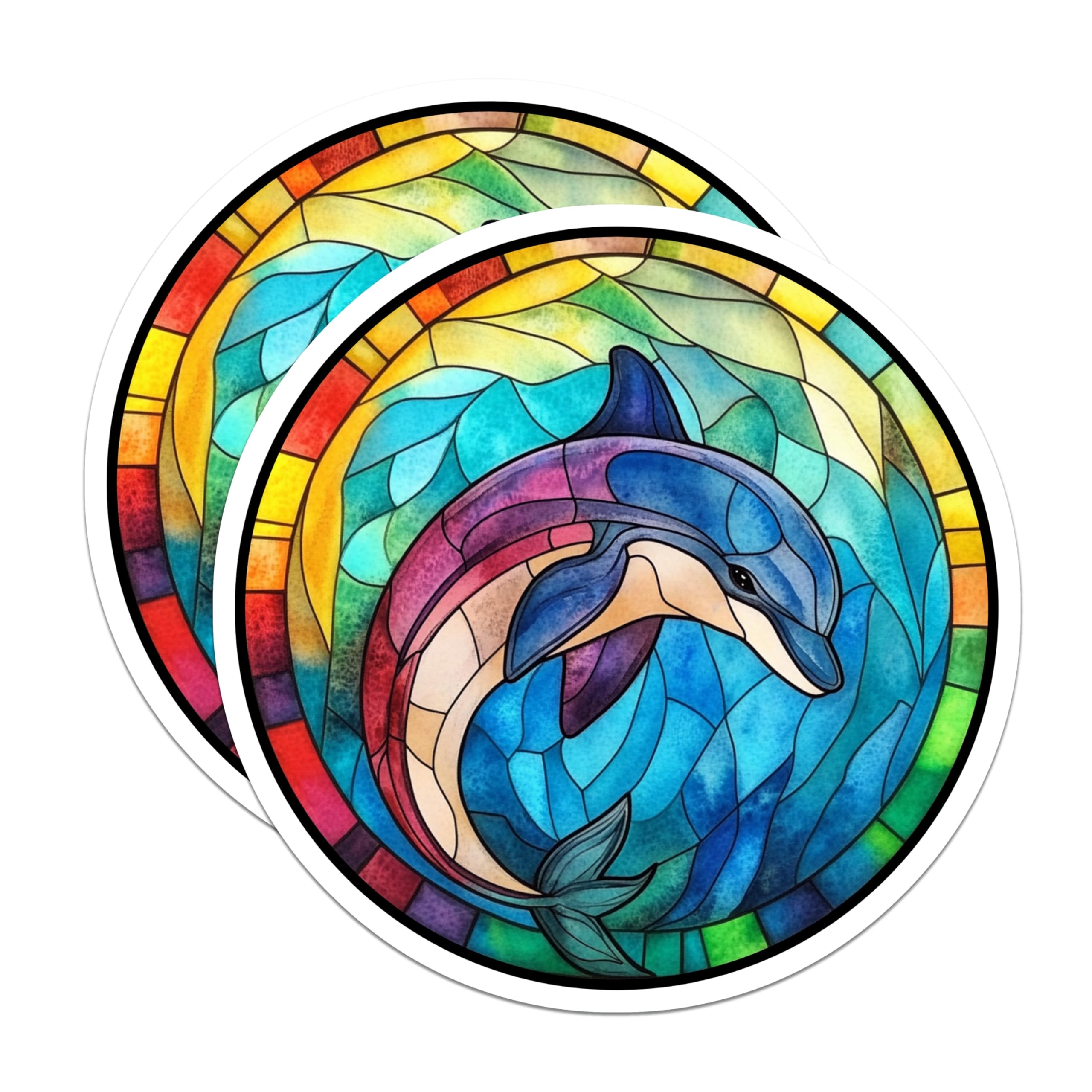 (2 Pack) Dolphin Magnets - Stained Glass Art - Ocean Animal Decor - Colorful Sea Life - 5 Inches On Longest Side - Thick Durable Magnet - Made in USA - MAG24153