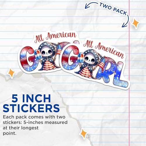 (2 Pack) All American Girl Stickers - Patriotic Skull Design - Independence Day Celebration - 5" On Longest Side - Sticks to Smooth Flat Surfaces - Made in USA - BMCS7911