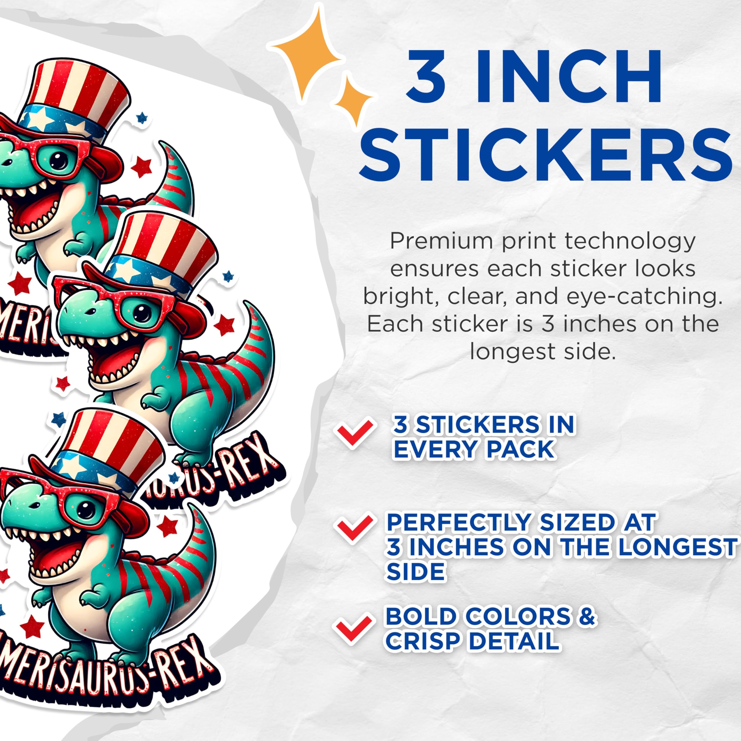 (3 Pack) Patriotic Dinosaur Decals - July 4th Sticker - USA Pride Rex Decal - 3 Inches On Longest Side - Easy Peel & Apply - Made in USA - 3MCS1544