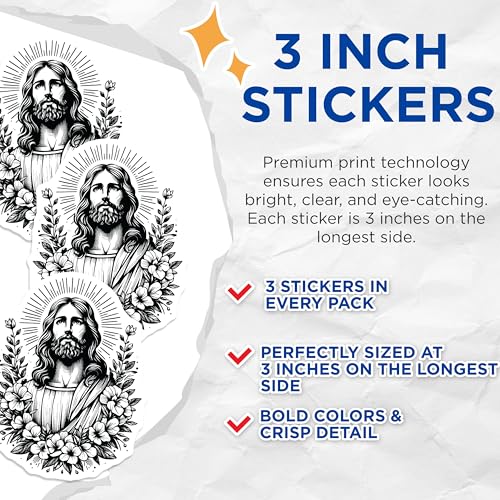 (3 Pack) Jesus Christ Decals - Floral Jesus Art - Religious Decal for Laptop - 3 Inches On Longest Side - Easy Peel & Apply - Made in USA - 3MCS6076