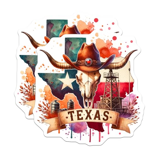 (2 Pack) Texas Stickers - Western Theme - Cow Skull Art - Texas Pride - Texan Culture - Lone Star State Decals - 5" On Longest Side - Sticks to Smooth Flat Surfaces - Made in USA - BMCS6417