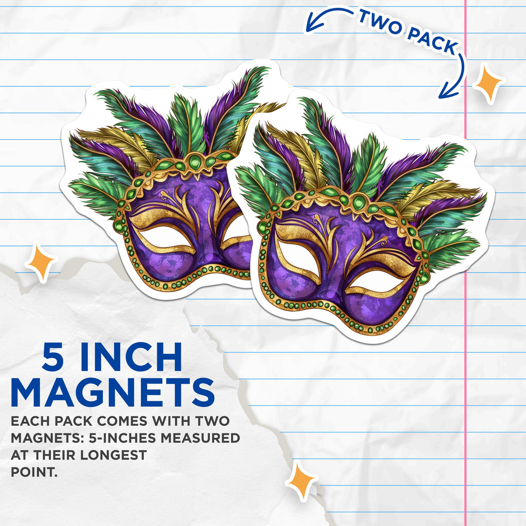 (2 Pack) Mardi Gras Magnets - Masquerade Mask - New Orleans Decor - Carnival Party - Festive Celebration - 5 Inches On Longest Side - Thick Durable Magnet - Made in USA - MAG38799